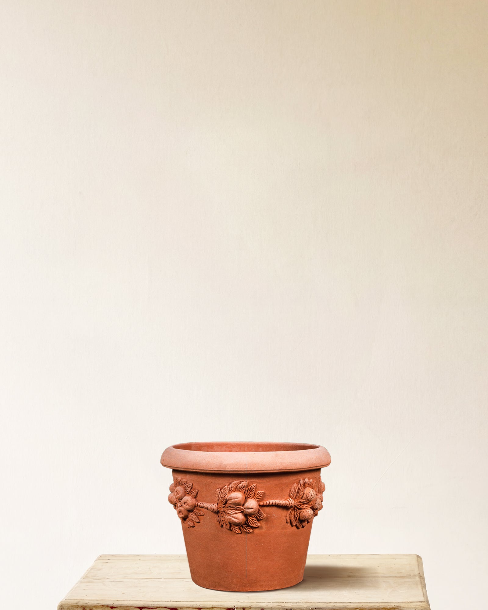 Italian terracotta planter with Della Robbia-style fruit and leaf garland relief, made in Impruneta, 16" x 15"