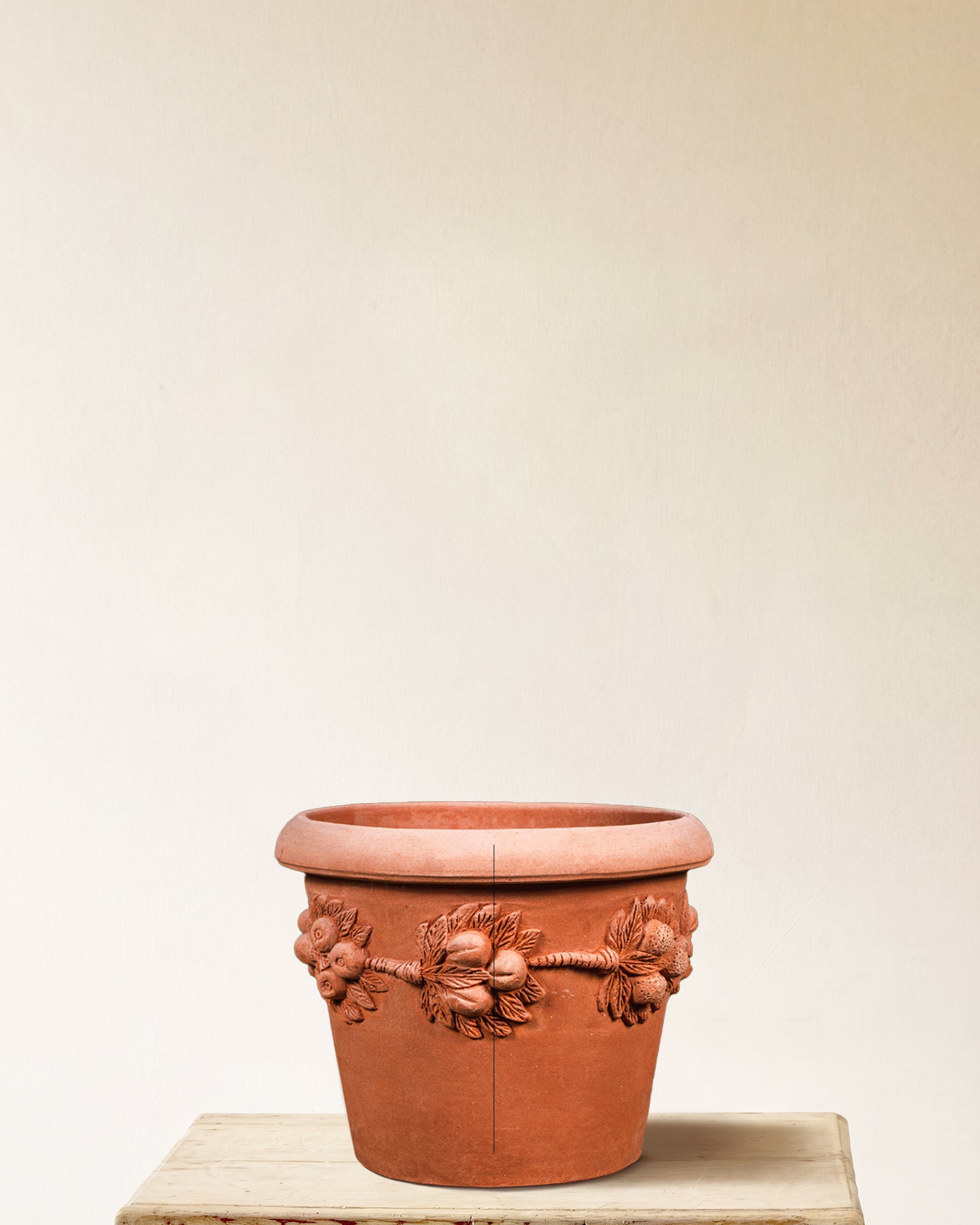 Italian terracotta planter with Della Robbia-style fruit and leaf garland relief, made in Impruneta, 20" x 18"