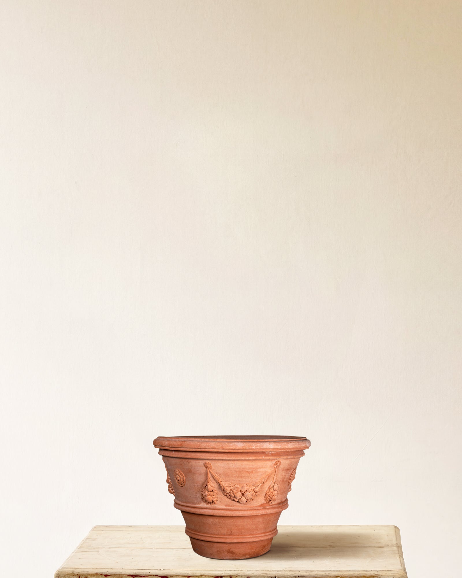 Italian terracotta planter with sculpted festoon relief, made in Impruneta, 18" x 14"